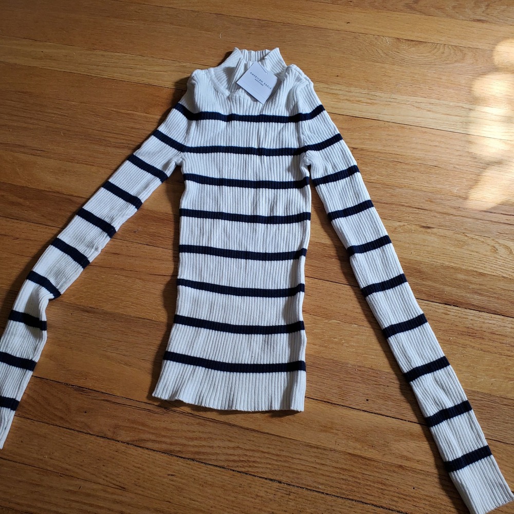 American Eagle Women White Navy Striped Ribbed Mock Neck Sweater Sz S Preppy